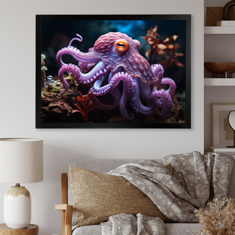 Pieuvre mauve, rencontre mystique sur toile, H 16 po x l 32 po x P 1 po, Cadre simple noir