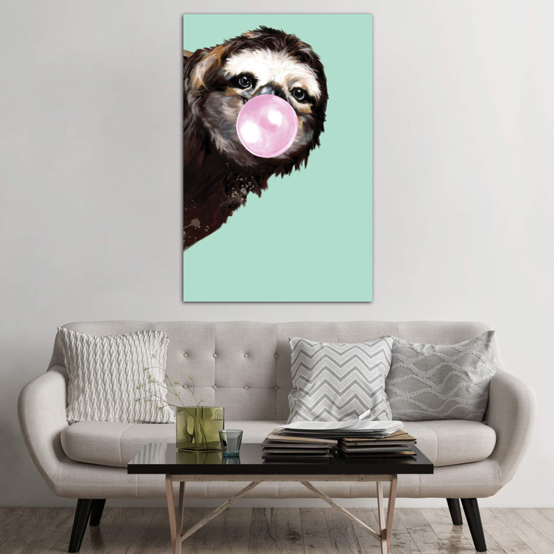 Sneaky Sloth Blowing Bubble Gum In Green by Big Nose Work - Print on Canvas, 66.04 cm H x 45.72 cm W x 1.91 cm D, No Frame