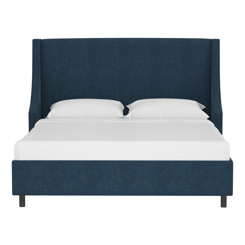 Lit plateforme tapissier à profil bas Anderson, Double, Lin texturé bleu marine Zuma