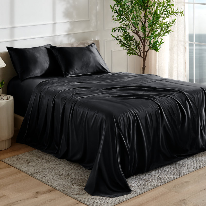 Ensemble de literie en satin, Ensemble de draps pour grand lit avec 2 taies d'or, Noir