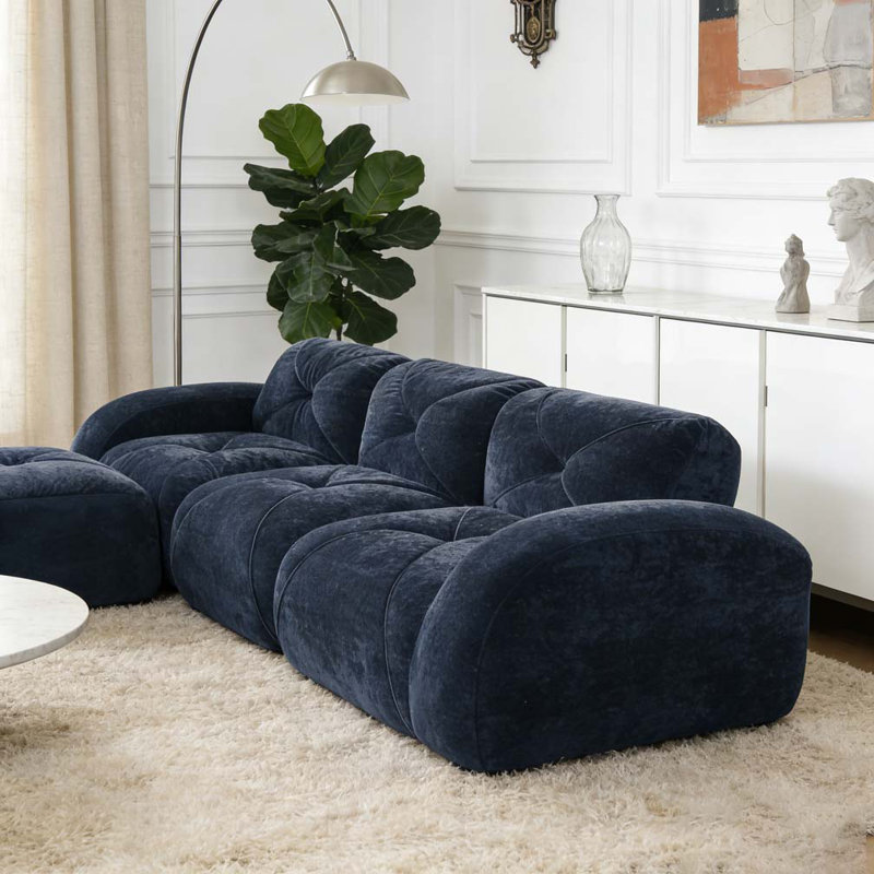 L-shaped Soft Velvet Fabric,Movable Ottoman, Blue, 29.9" H x 110.6" W x 37.4" D