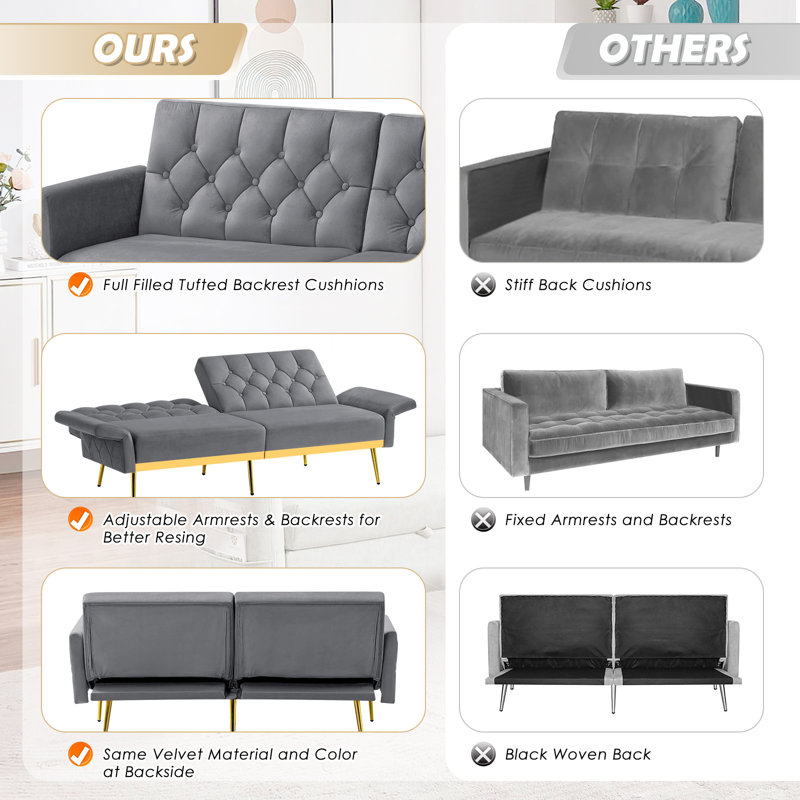 Zineta 67'' Velvet Sleeper Sofa, Gray