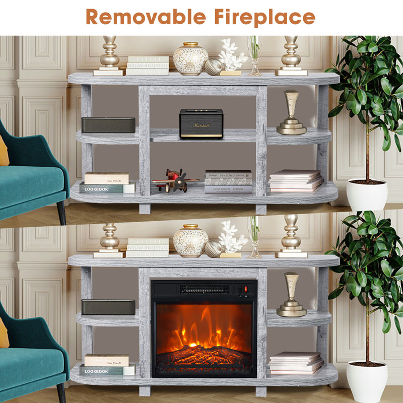 48" TV Stand With 18" Insert Electric Fireplace And Open Storage Shelves Media Console For Tvs Up To 55", Light Gray