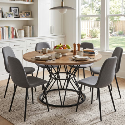 47" Round Dining Table Set For 6, 7-Piece Modern Industrial Kitchen Table And Chairs With Faux Wood-Grain Tabletop & Linen Chairs, Black Metal Geometric Pedestal Base
