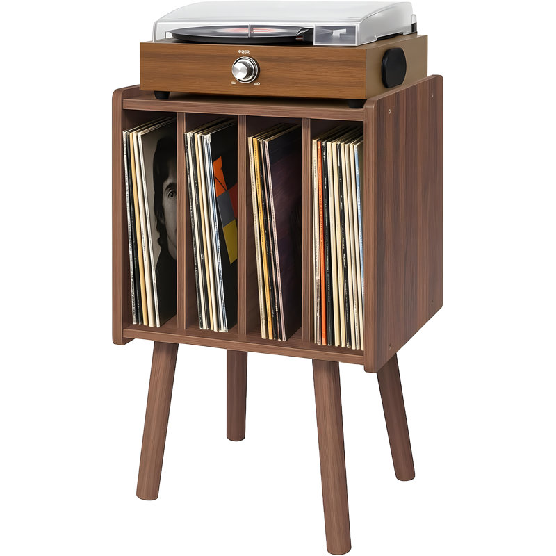 Record Player Stand With Vinyl Storage, Mid Century Modern Turntable Table With 4 Cabinet Compartments, Holds Up To 40 LP Records, Compact Media Organizer For Living Room And Bedroom