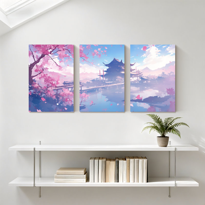 Paysage et nature, cerisiers en fleurs, temple, reflet, ciel, eau, nuages roses, ensemble de 3 impressions sur toile