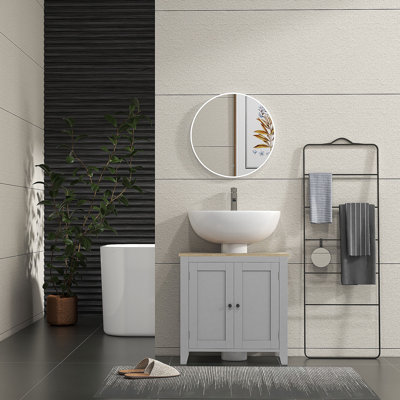Meubles de salle de bain, meuble-lavabo piédestal avec découpe en U et tablette réglable, gris