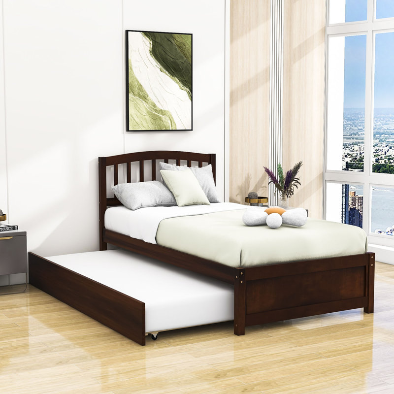 Mashud Twin Size Wood Platform Bed Frame with Trundle, Walnut