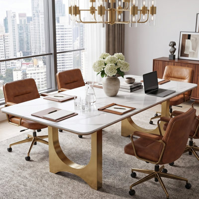 63" Modern Executive Conference Table, Glossy Sintered Stone Meeting Desk with Brushed Titanium Base, Luxury Boardroom Table for Office & Teams