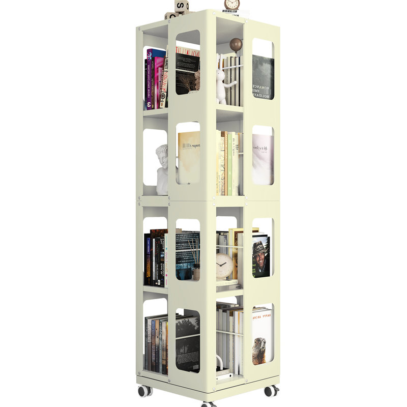 Nouveau support à livres rotatif blanc à 4 roulettes, 360 roulettes, tablette réglable, rotation en douceur, grande capacité et grande bibliothèque jaune, configuration moderne, conception compacte
