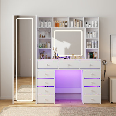 Makeup Vanity Desk with LED Lighted Mirror, Large Storage Drawers & Open Shelves, Charging Station and Hair Dryer Holder, Dressing Table for Bedroom