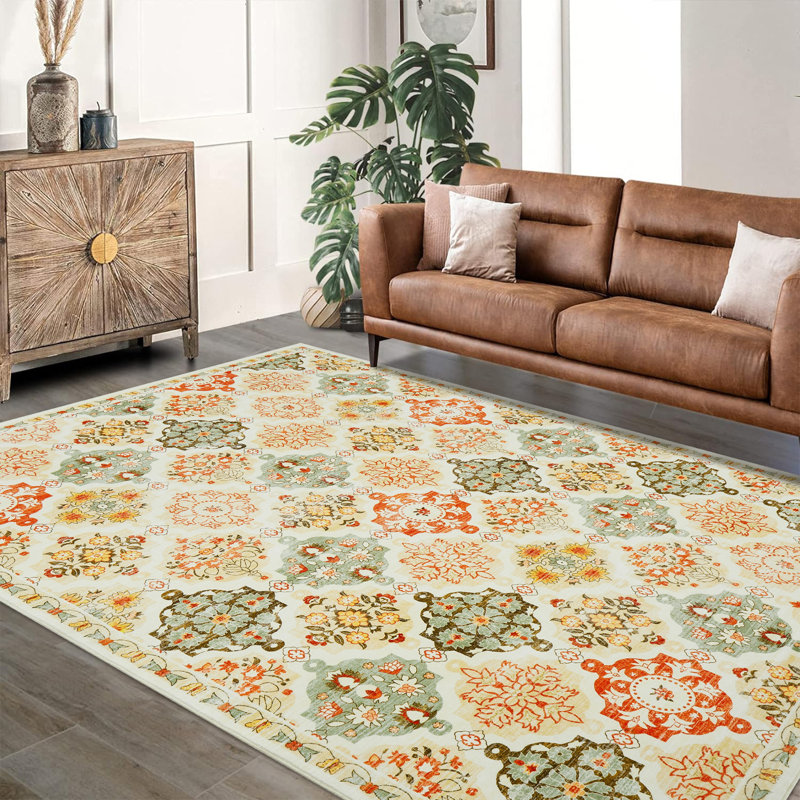 Tapis à motif floral en damier Boho, Orange, Rectangle 10 pi x 13 pi