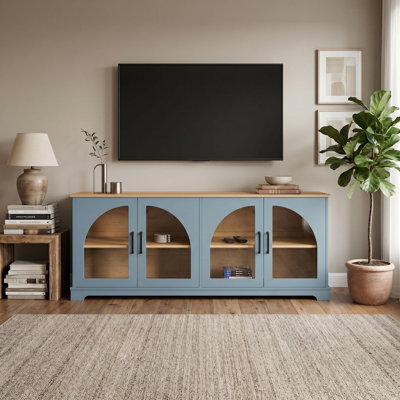 Meuble télé en bois aggloméré avec portes en verre semi-arquées pour téléviseur de 70 po ou moins, bleu