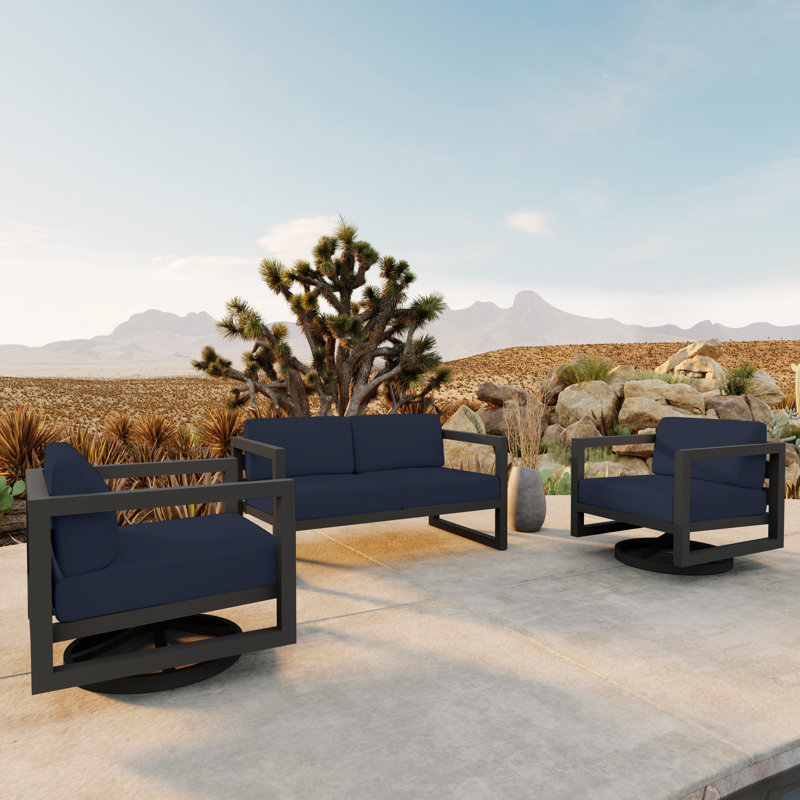Avion 3 Piece Loveseat Set With Swivel, Spectrum Indigo Sunbrella®, Slate