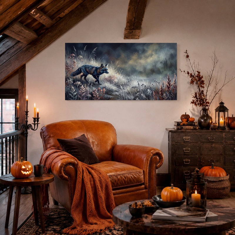Art mural sur toile, "Renard argenté marchant dans de hautes herbes", 58“W x 28”H