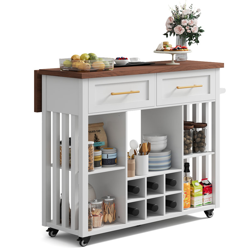 39.4'' L Modern Rolling Kitchen Island With Drop Leaf Countertop And Wine Rack, Wooden Kitchen Cart With 2 Storage Drawers And Towel Rack
