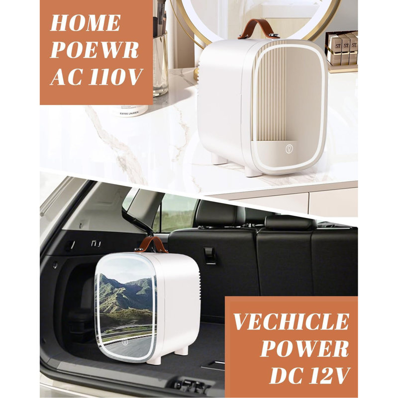 4L/6-Can Mini Fridge For Bedroom â€“ Portable Skincare Cooler & Warmer With LED Mirror, 12V AC/DC Power, Ideal For Drinks, Makeup, Dorm, Office & Car, Mirror
