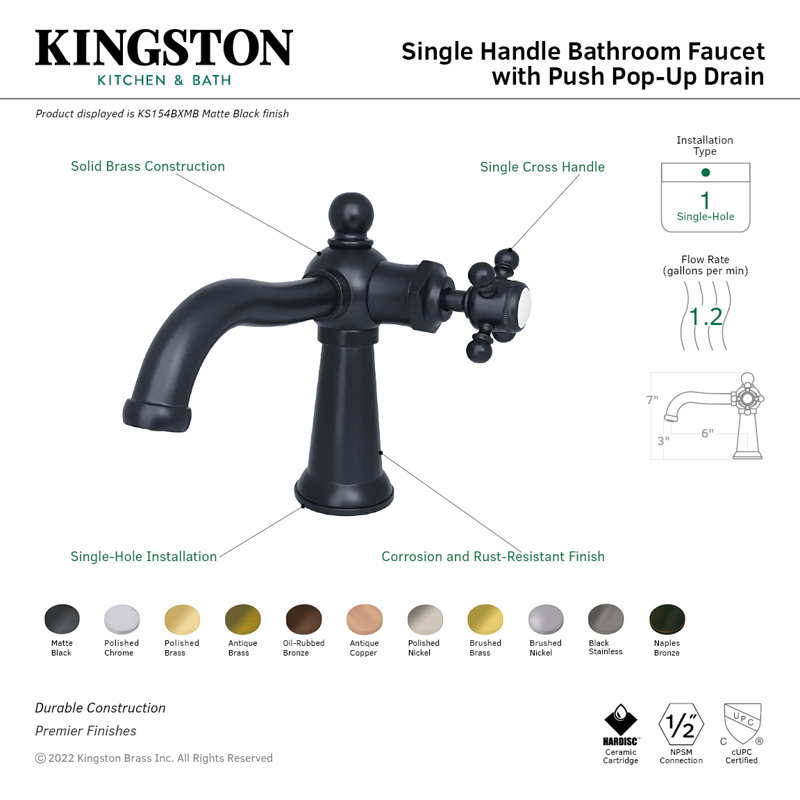Kingston Brass Nautical Single-Handle 1-Hole Deck Mount Bathroom Faucet with Push Pop-Up, Brushed Nickel