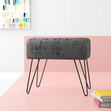 BIRDROCK HOME Rectangular Tufted Pink Foot Stool Ottoman with Silver Legs -  Linen Vanity Chair - Soft Compact Padded Seat - Bedroom and Kids Room