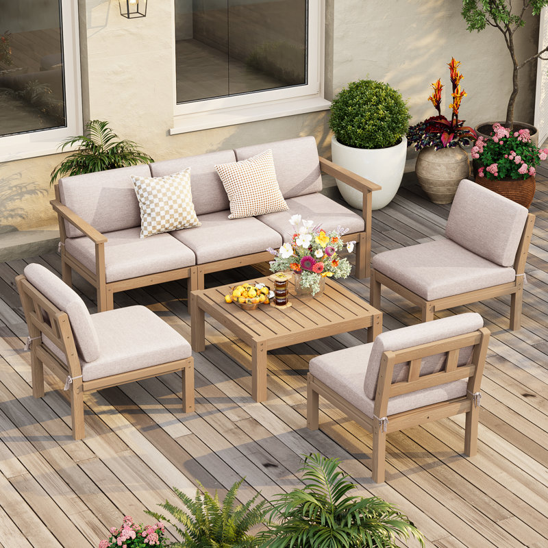 6 - Person Modular Patio Conversation Sets With Cushions, 7-Piece Outdoor All-Weather Waterproof HIPS Sofa Seating Group, Teak