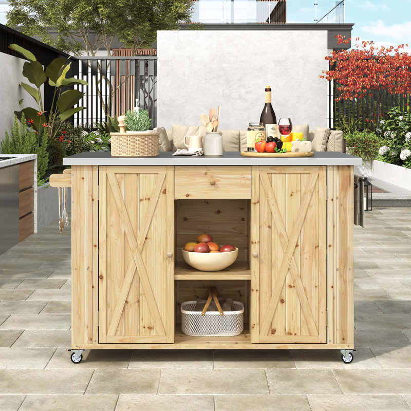Outdoor Kitchen Island Fir Wood Kitchen Island with Stainless Steel Top, Ample Storage Space, Towel and Spice Racks and a Bottle Opener for Outdoor, Black