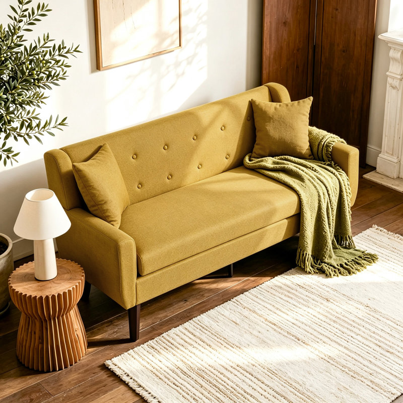 Davey Upholstered Linen Blend Square Arm Loveseat, Yellow Linen Blend