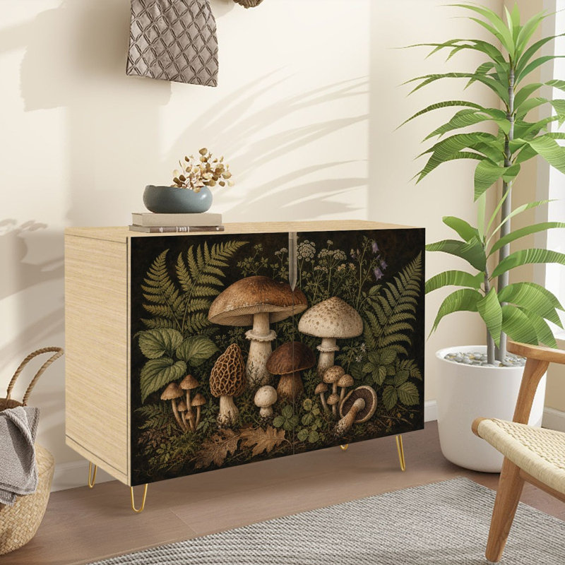 Buffet Buffet avec rangement fougères de champignons botaniques rétro avec 2 portes pour le salon et la cuisine