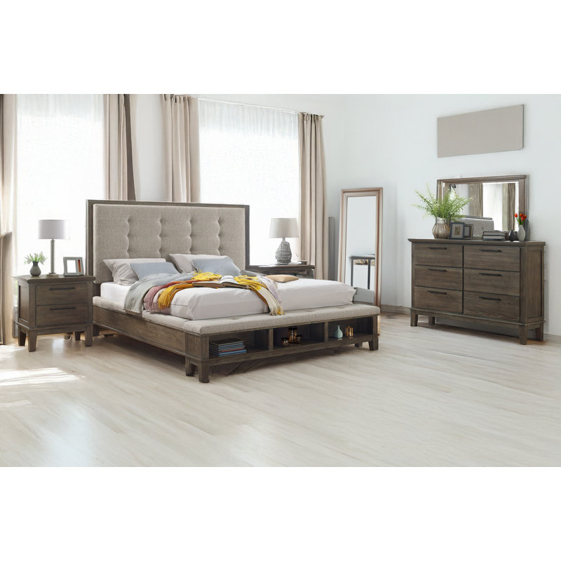 Ensemble de chambre à coucher avec panneau de rangement rembourré Nissa, gris, Très grand