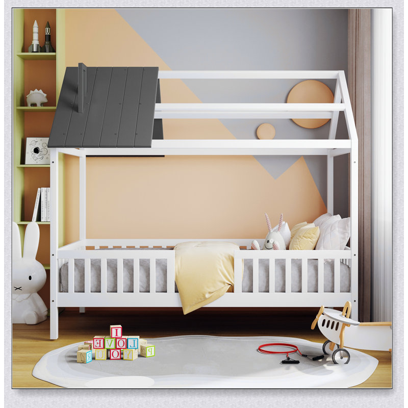 Wood House Bed With Fence, White/Gray, Twin