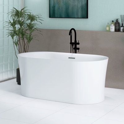 59" X 31.5" Freestanding Glossy White Acrylic Soaking Bathtub With Drain