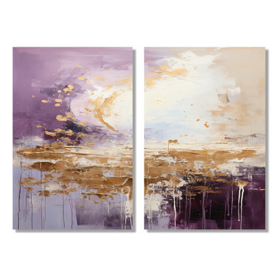 Paysage de montagne mauve et doré - paysages abstraits encadrés, ensemble d'art mural de paysages mauves