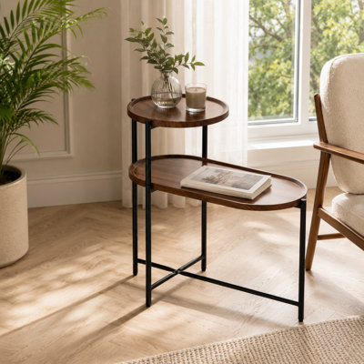 Table d'appoint multifonctionnelle en noyer double couche - table de rangement pour canapé de salon, pouvant également servir de table de chevet