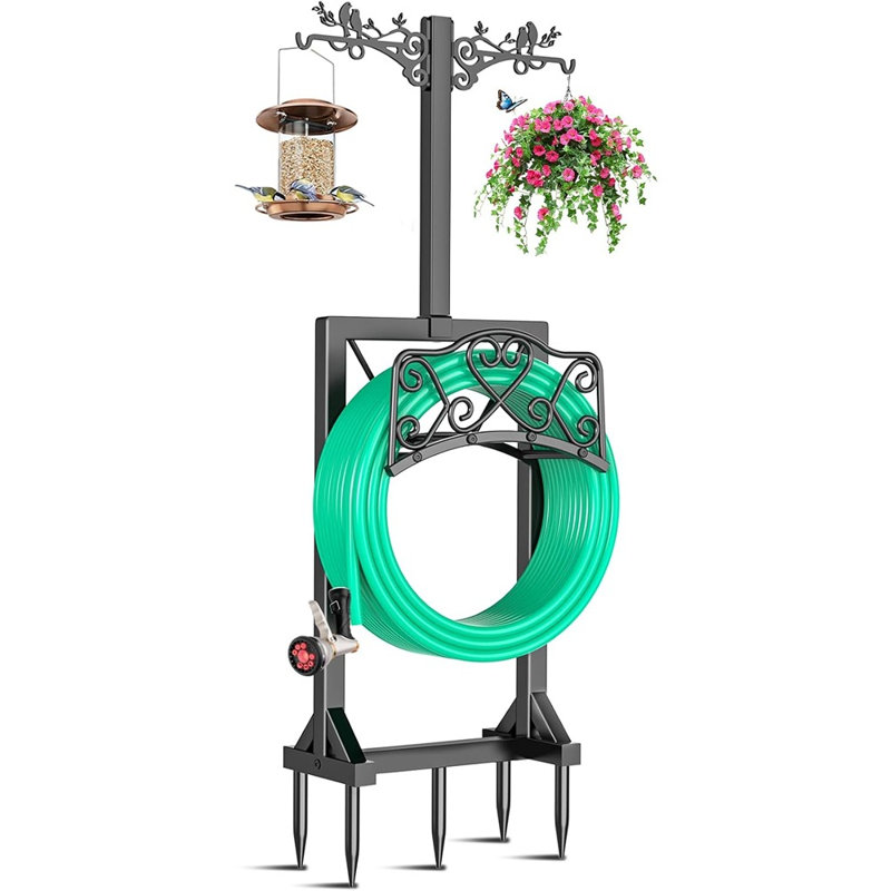 Freestanding Heavy Duty Garden Hose Holder With 2 Shepherd Hooks, Detachable Metal Water Hose Storage Stand For Yard, Lawn & Farm Use