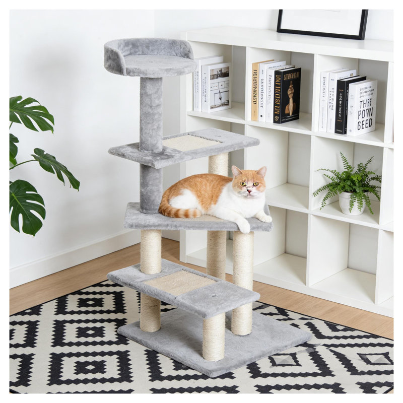 Spiral Staircase Cat Activity Tower with Round Top Perch and Multi-Level Plush Platforms