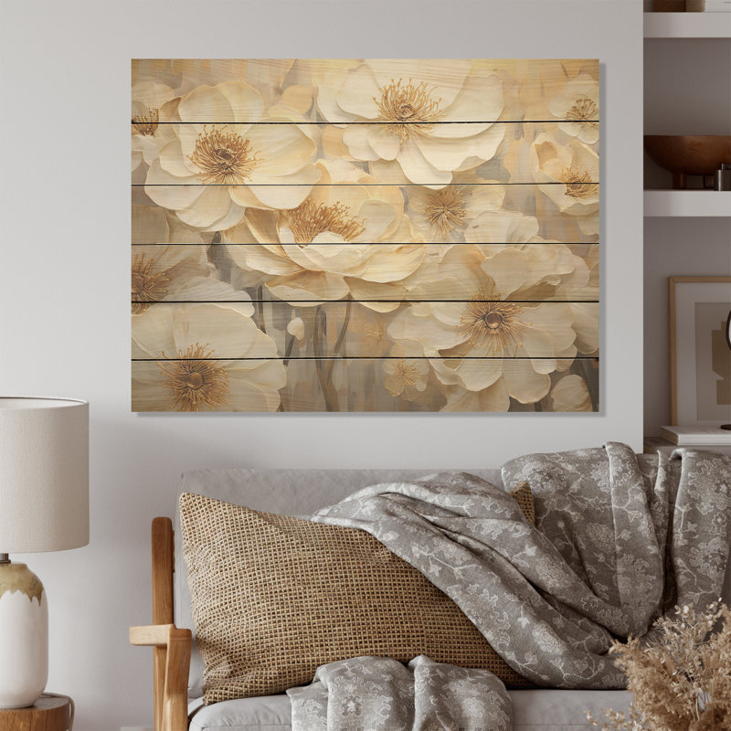 Vives teintes de renoncule VI - art de bois de renoncule sur bois de pin naturel, H 24 po x l 32 po