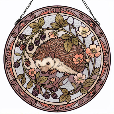 Hedgehog Floral Stained Glass Window Panel，12"H