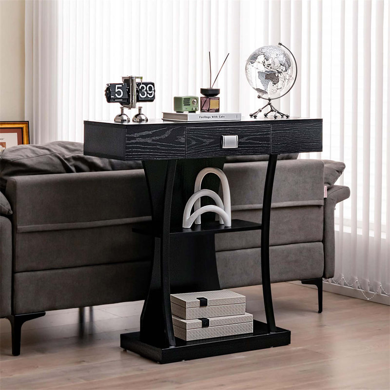 Rustic T Shape Console Table with Storage Drawer, Entryway Furniture, Black