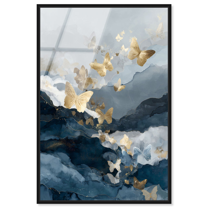 "Gilded Butterfly Flight I", reproduction d'art acrylique encadrée par Art Remedy, cadre noir, 36 x 54, H 55 po x l 37 po