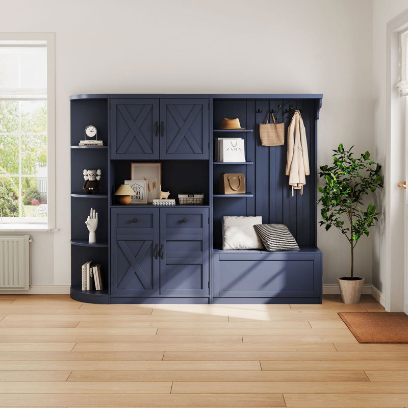 Multi-functional Hall Tree With Storage Shelves, Cabinet, And Bench – Can Be Used Separately, Antique Blue
