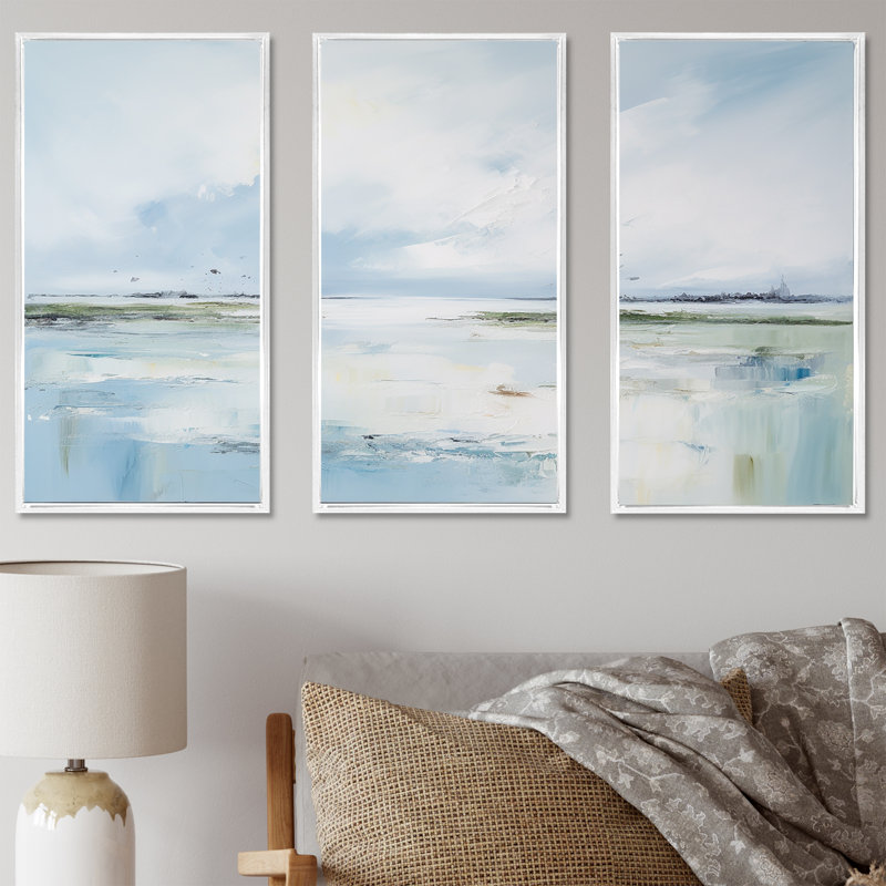 «Soft Color Beach Horizon - Coastal Minimalisme», ensemble d'art mural, H 40 po x l 60 po x P 1 po, Cadre flottant blanc