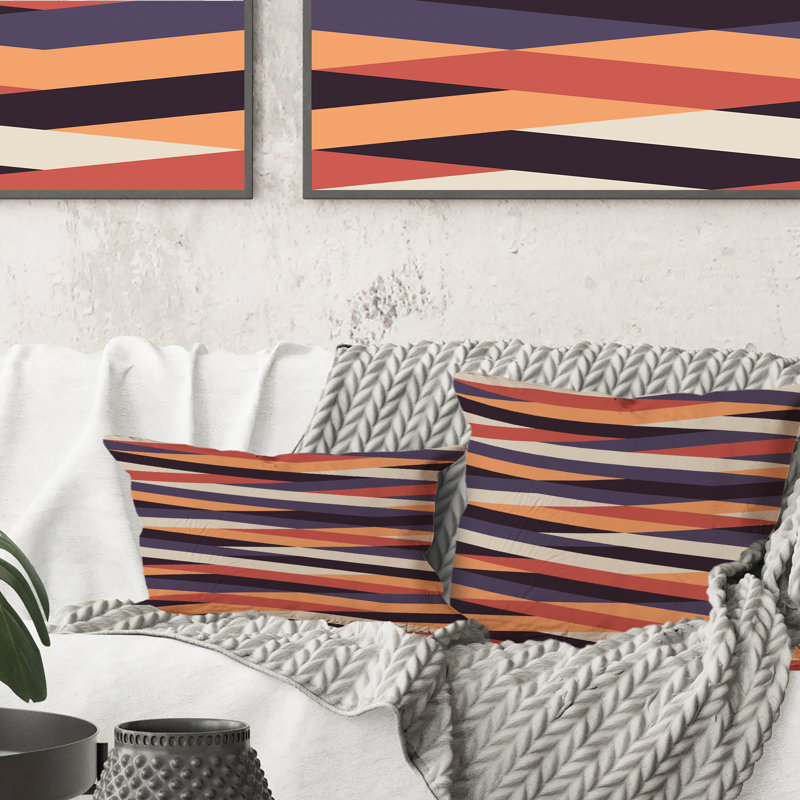 Coussin décoratif rétro à motif géométrique strié gris et orange, 18 po x 18 po