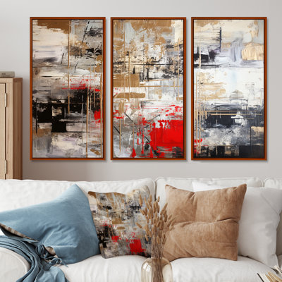 Red Gold Abstract Minimalism - Geometric Wall Art Set