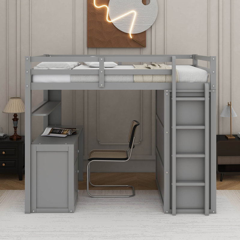 Full Loft Bed With Drawers,Desk And Wardrobe, Gray
