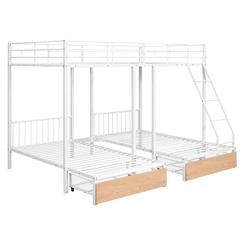 Lit superposé, lit superposé triple en métal avec tiroirs et garde-corps, Blanc