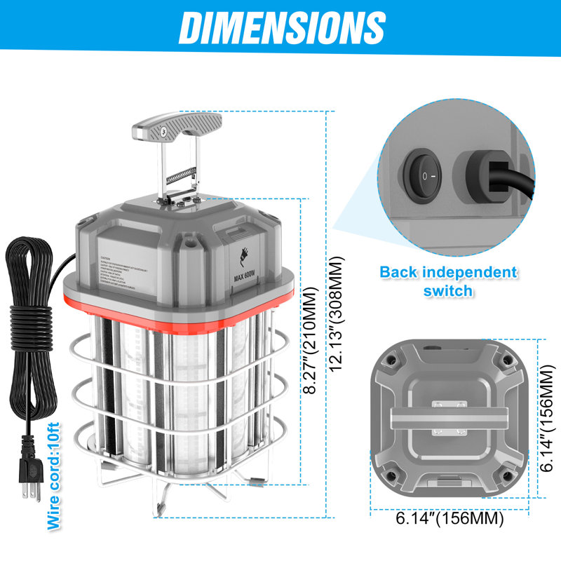 Éclairage de travail 150W à DEL avec prise US Plug 21 000lm 5000K Lumière du jour suspendue portative, 150 Watts