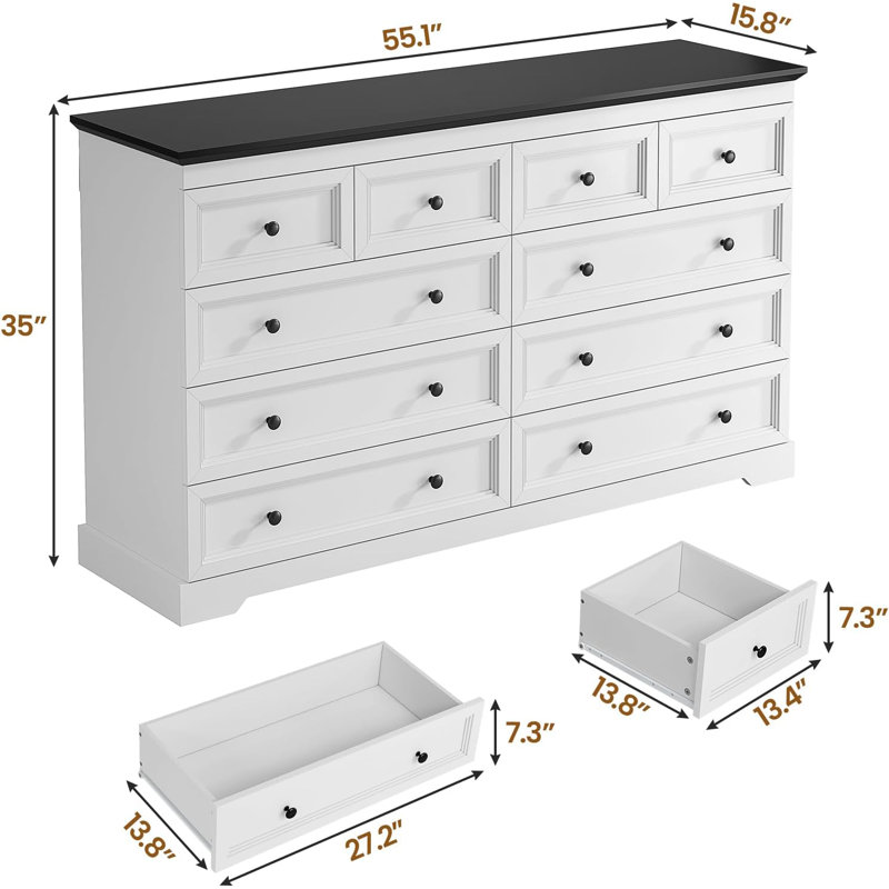 Double Dresser With 10 Storage Drawers, Black/White