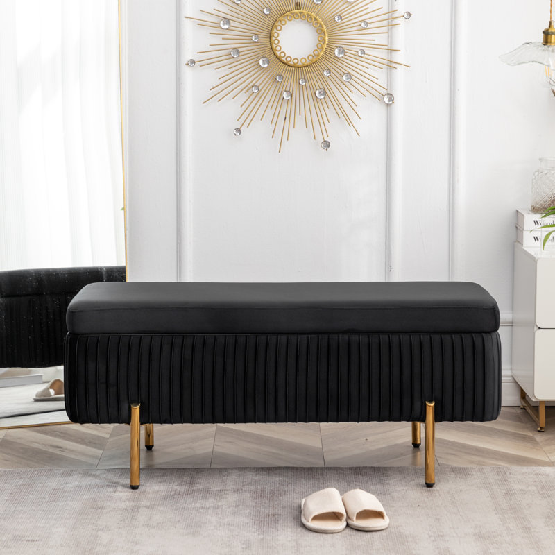 Banc de rangement rembourré en velours Miajah, Noir, noir, noir, noir