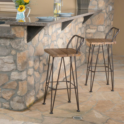 Rustic Industrial - Slatted Seat, Curved Back, Of 2 Backyard To Weather Changes. Wood Iron Frame, , With Built-In Footrest And Seat Back For Patio
