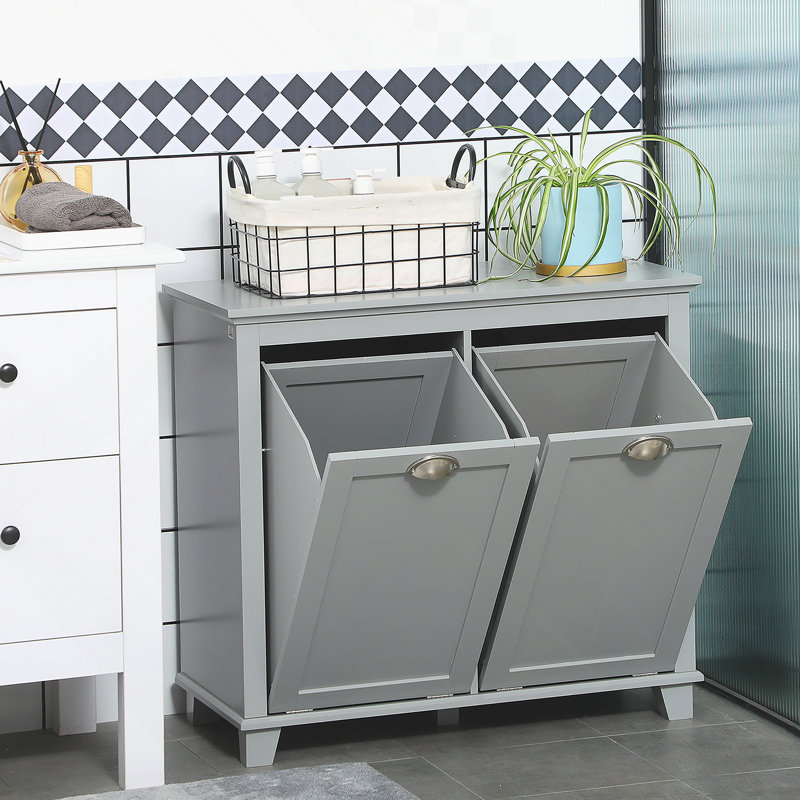 Tilt-Out Laundry Sorter Cabinet, Bathroom Storage Organizer with Two-Compartment Tilt-Out Hamper, Gray