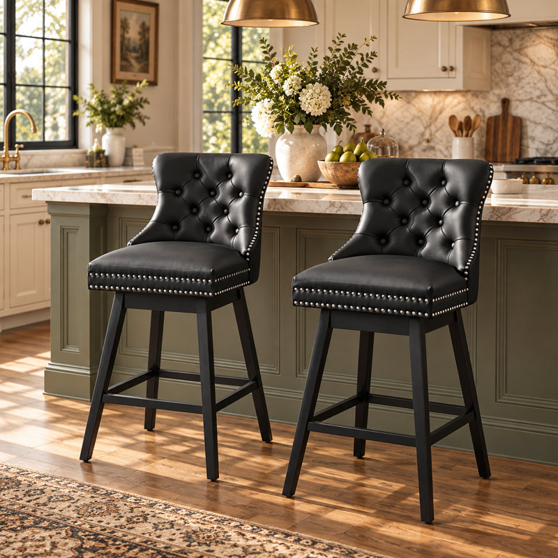 Swivel Bar Stools Set of 2, PU Leather Bar Chairs with Button Tufted Front and Ring Pull Back, 30" Bar Height Stools with Solid Wood Legs for Kitchen Island or Bar, Black